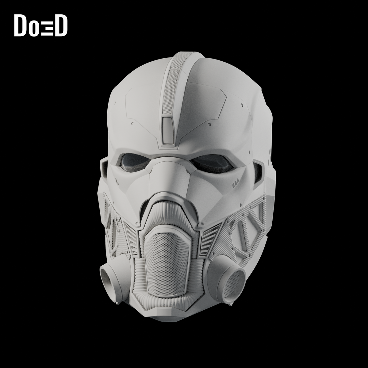 Bane Concept Helmet #1031. Complete helmet: front / three-quarter. Source-faithful Blender clay render. Separate spine component is not depicted.