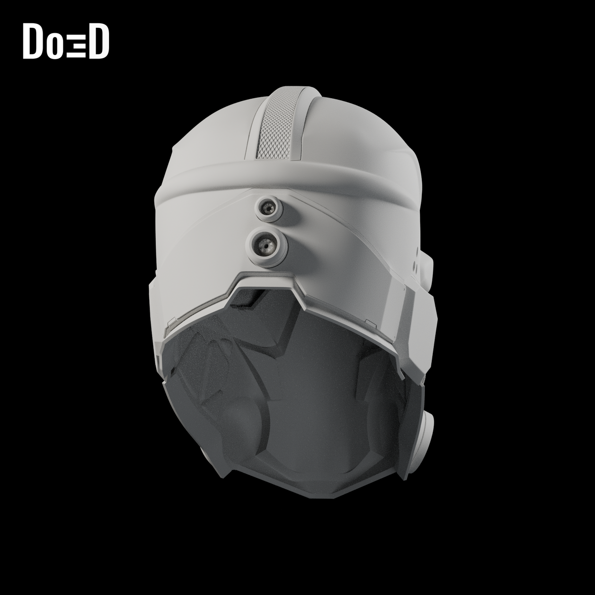 Bane Concept Helmet #1031. Complete helmet: rear / three-quarter. Source-faithful Blender clay render. Separate spine component is not depicted.