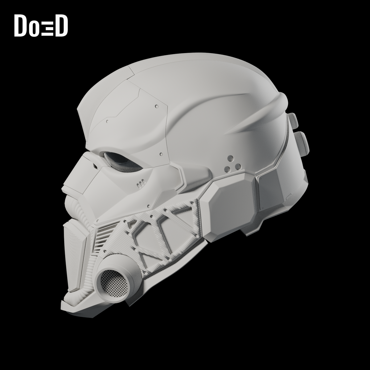 Bane Concept Helmet #1031. Complete helmet: right side / three-quarter. Source-faithful Blender clay render. Separate spine component is not depicted.