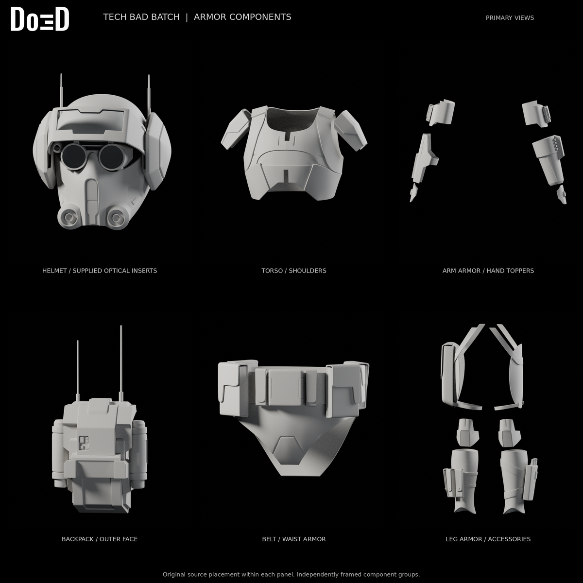 Tech Bad Batch armor, original supplied components and genuine optical inserts in six separately framed source groups, Blender rendered primary views