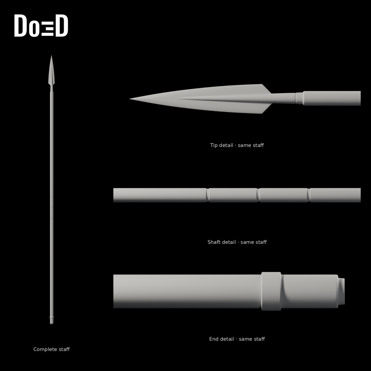 Do3D Mandalorian Beskar costume staff with labeled details of the same staff, accurate Blender render