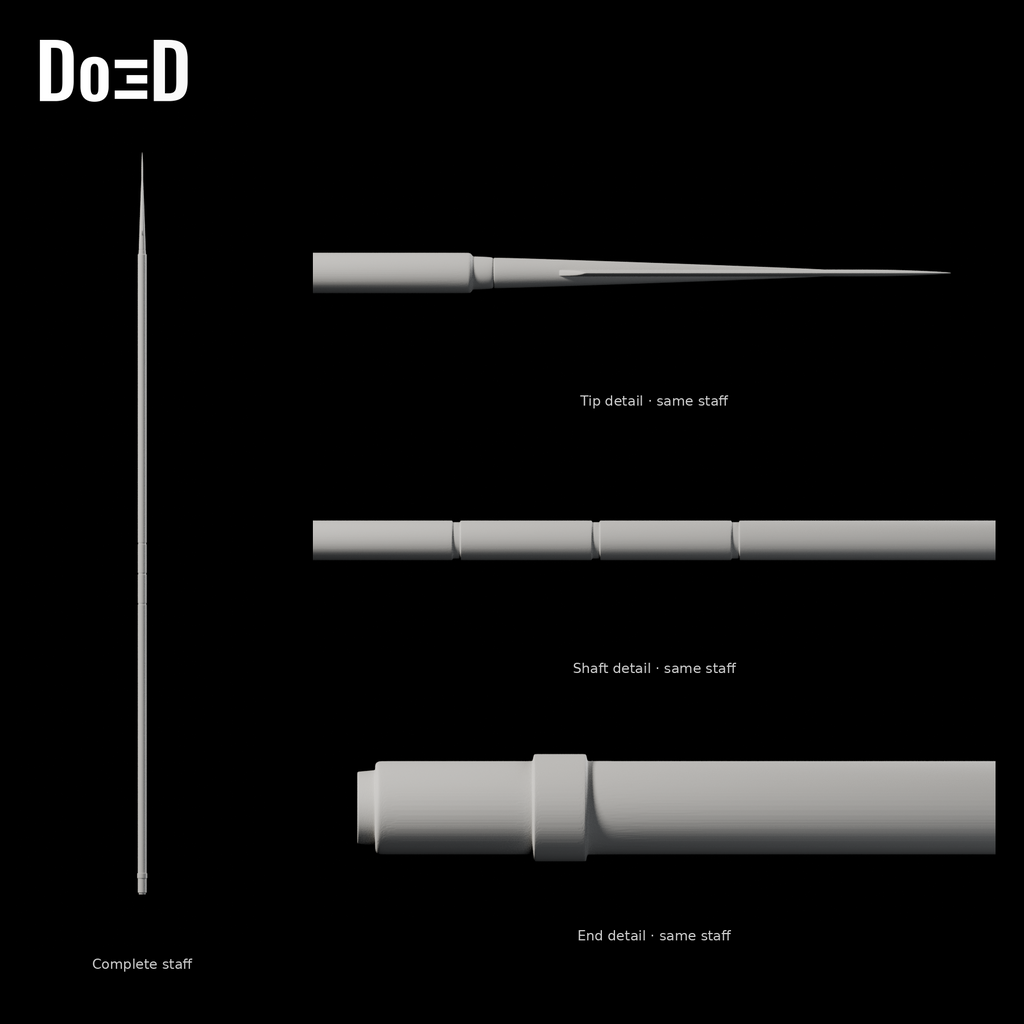 Do3D Mandalorian Beskar costume staff with labeled details of the same staff, side view of the same supplied configuration