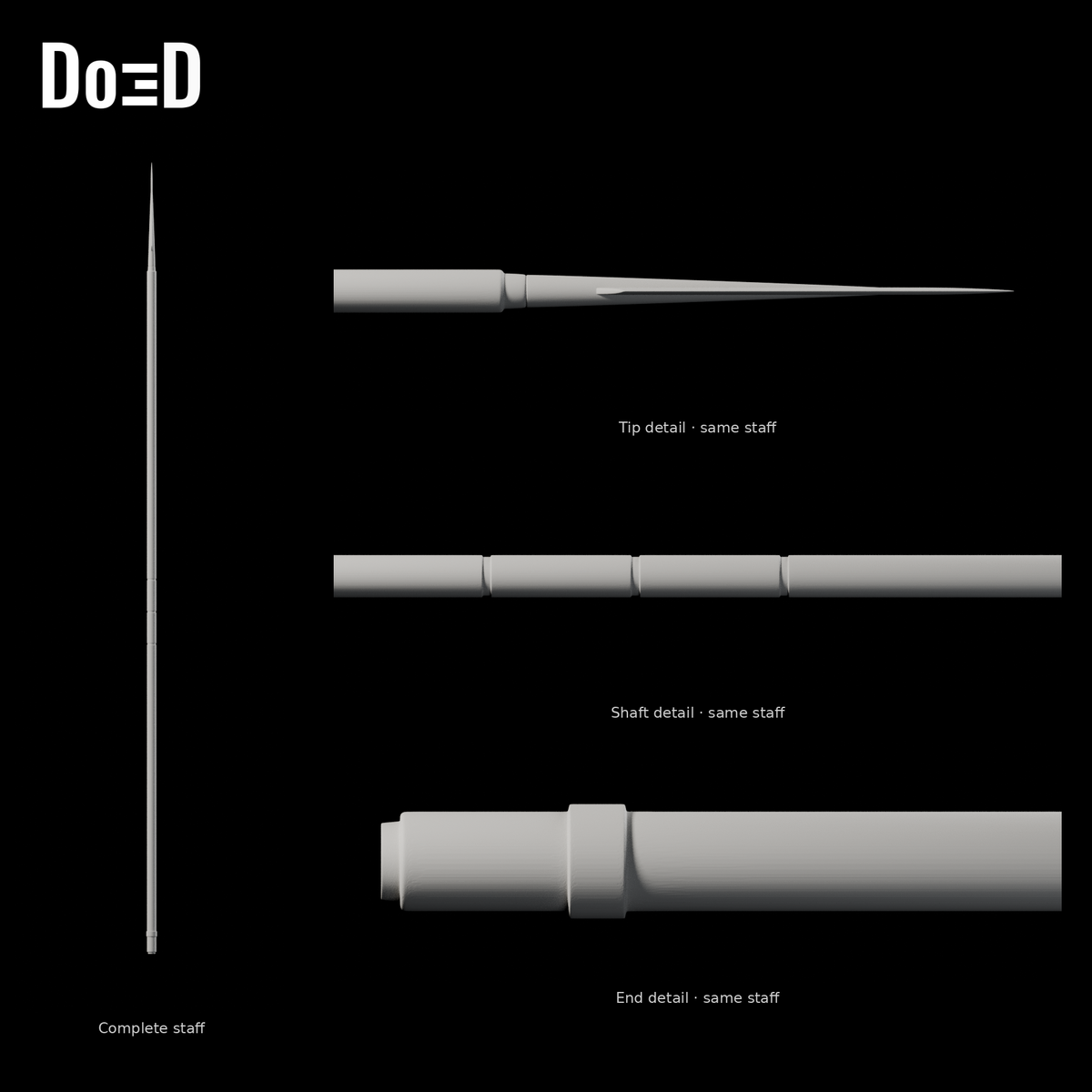 Do3D Mandalorian Beskar costume staff with labeled details of the same staff, side view of the same supplied configuration