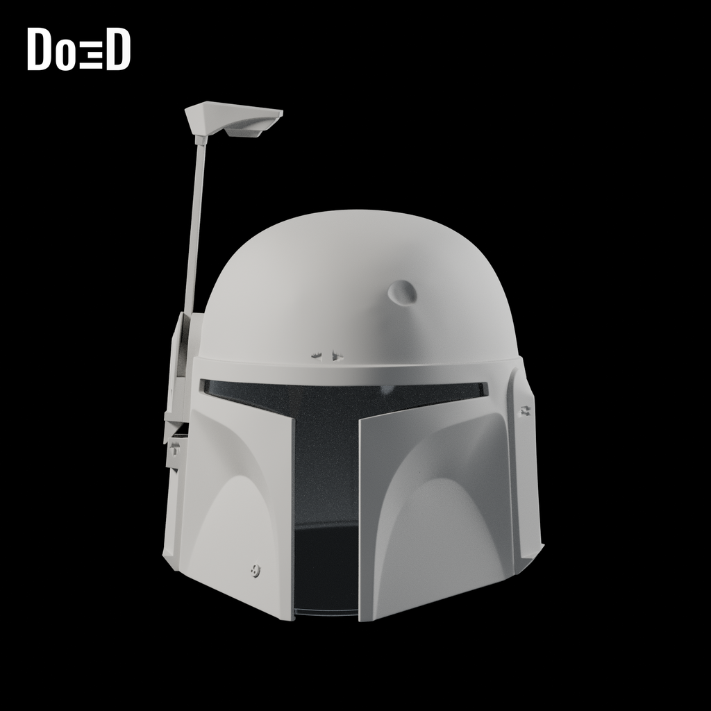 Boba Fett Star Wars Helmet (From Mandalorian) | 3D Printable Model STL File #BF1 — Helmet: front +Z, slight three-quarter, source +Y upright. Source-faithful Blender clay render.