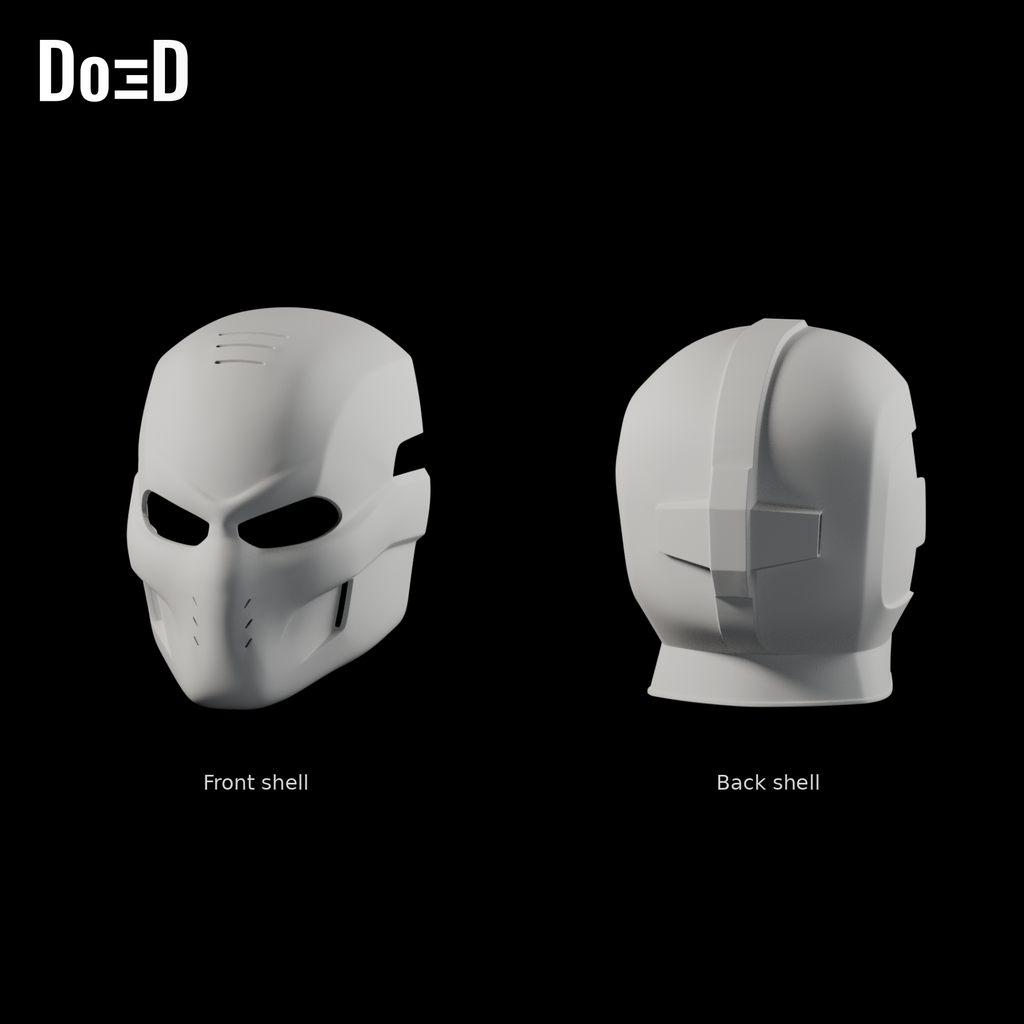 Do3D Crossbones helmet, labeled front shell and back shell, accurate Blender clay render