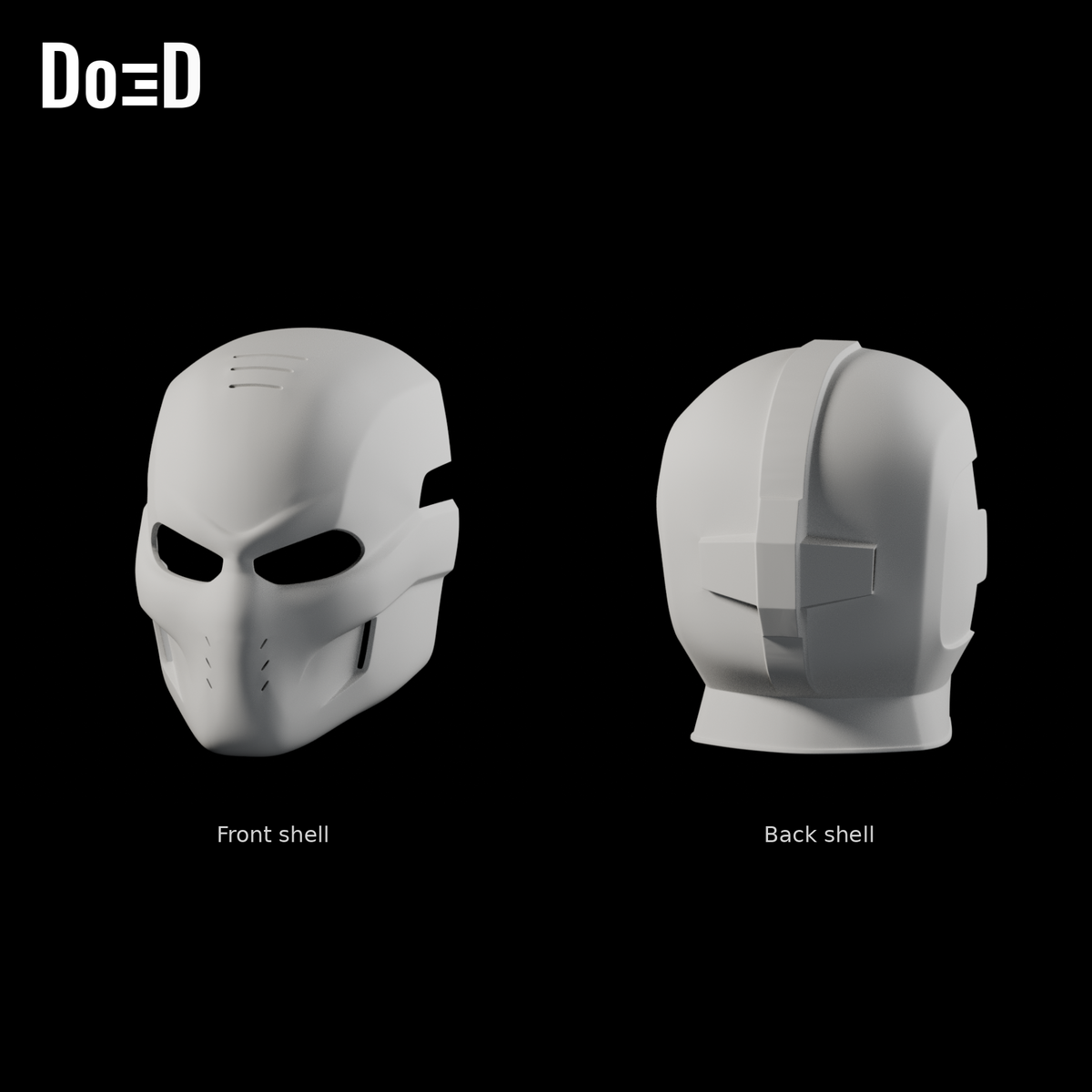 Do3D Crossbones helmet, labeled front shell and back shell, accurate Blender clay render