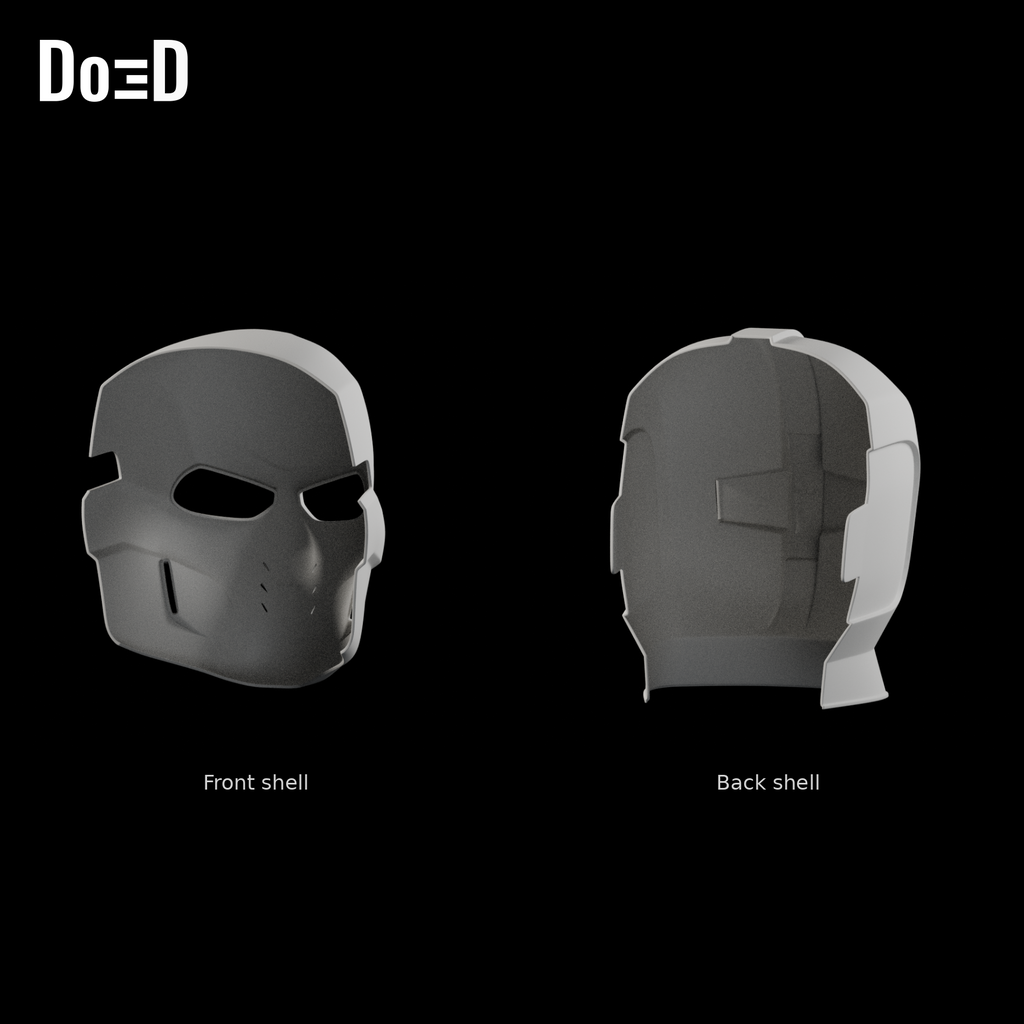 Do3D Crossbones front shell and back shell, reverse/interior views of the same two original components