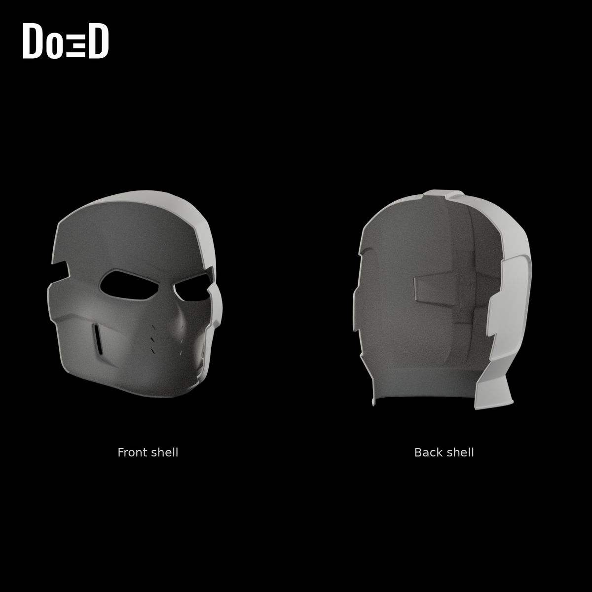 Do3D Crossbones front shell and back shell, reverse/interior views of the same two original components