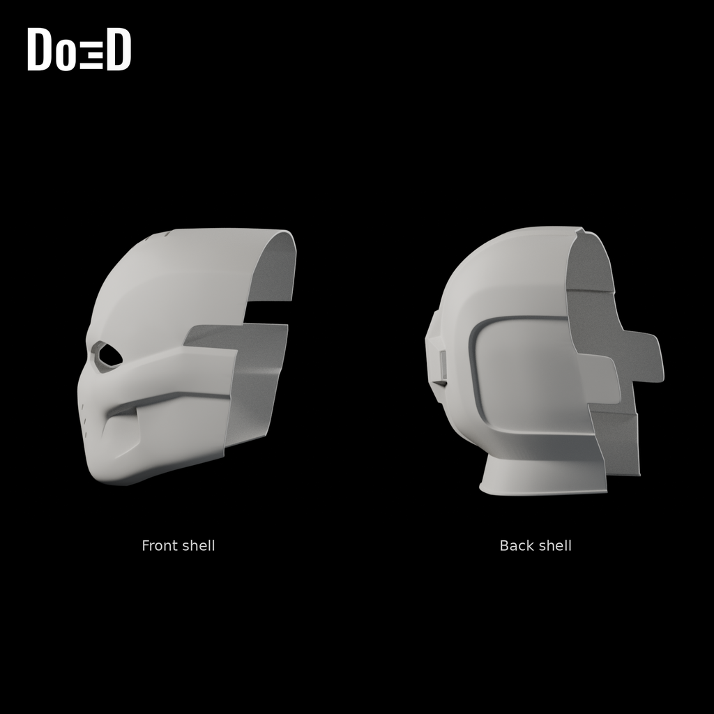 Do3D Crossbones front shell and back shell, side views of the same two original components