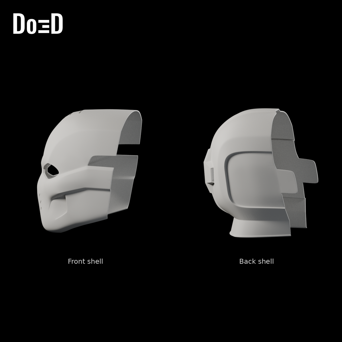 Do3D Crossbones front shell and back shell, side views of the same two original components
