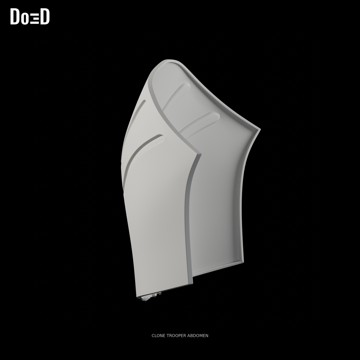 Do3D Clone Trooper #3341 abdomen armor, original source pose, side view in Blender clay