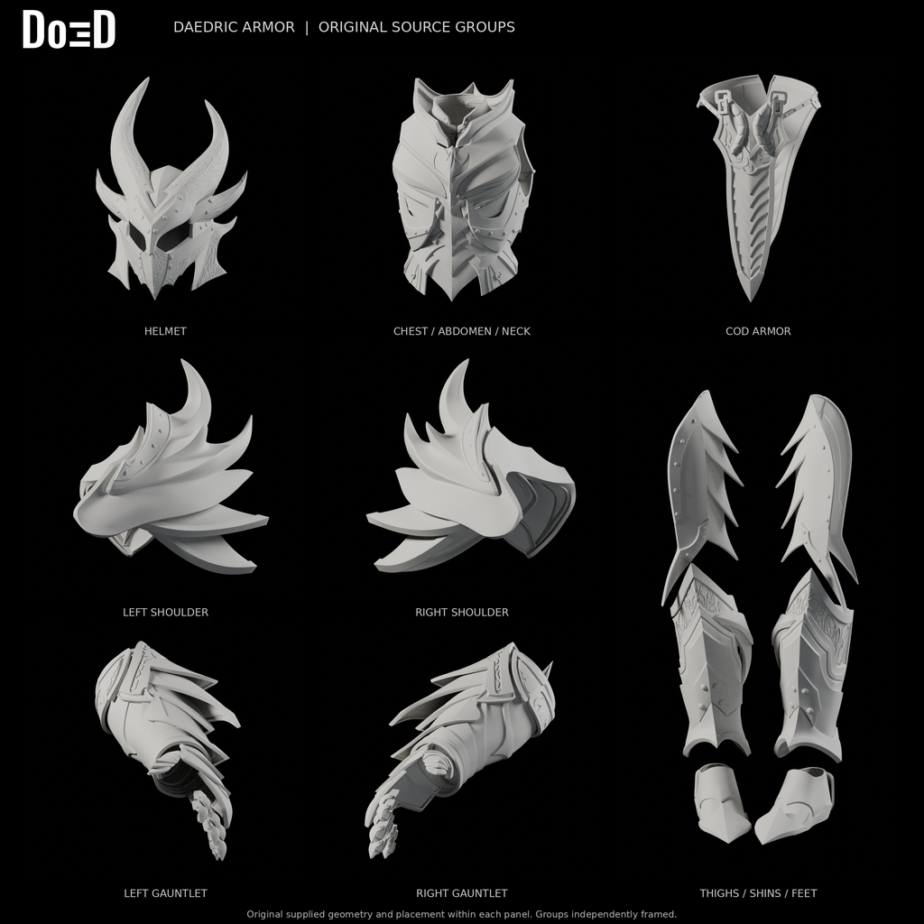 Daedric armor, original supplied components in eight separately framed source groups, Blender rendered front views