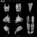 Daedric armor, original supplied components in eight separately framed source groups, Blender rendered front views