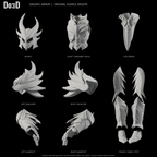 Daedric armor, original supplied components in eight separately framed source groups, Blender rendered front views