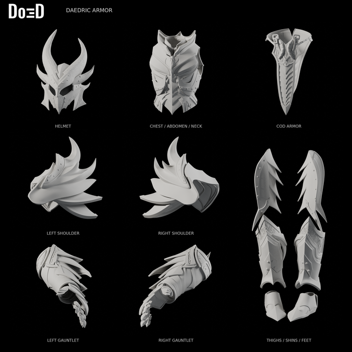Daedric armor, original supplied components in eight separately framed source groups, Blender rendered front views