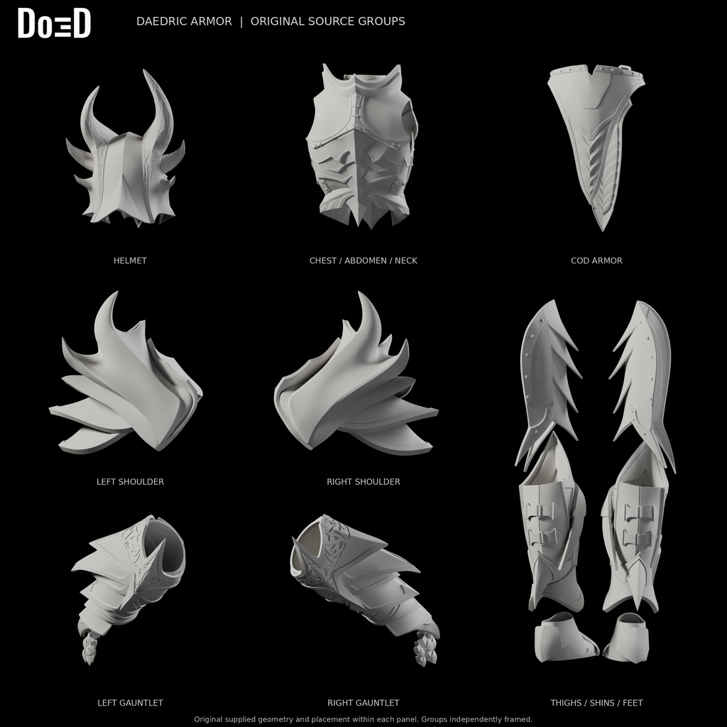 Daedric armor, rear views of the same original components in eight separately framed source groups, Blender rendered