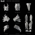 Daedric armor, rear views of the same original components in eight separately framed source groups, Blender rendered