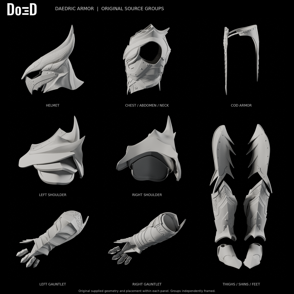 Daedric armor, side and complementary oblique leg views of the same original components in eight separately framed source groups, Blender rendered