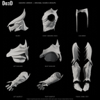 Daedric armor, side and complementary oblique leg views of the same original components in eight separately framed source groups, Blender rendered