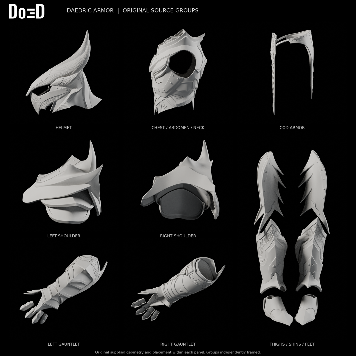 Daedric armor, side and complementary oblique leg views of the same original components in eight separately framed source groups, Blender rendered