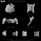 Deadpool torso armor, original supplied components in six separately framed source groups, Blender rendered front views