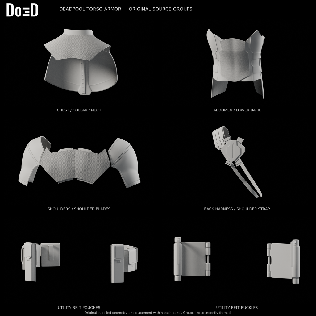 Deadpool torso armor, rear views of the same original components in six separately framed source groups, Blender rendered