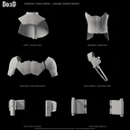 Deadpool torso armor, rear views of the same original components in six separately framed source groups, Blender rendered