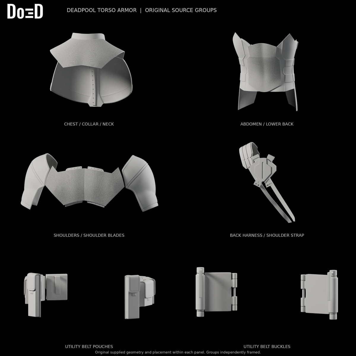 Deadpool torso armor, rear views of the same original components in six separately framed source groups, Blender rendered