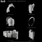 Deadpool torso armor, side views of the same original components in six separately framed source groups, Blender rendered