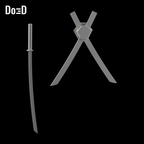 Do3D Deadpool cosmetic katana and crossed back case, opposing three-quarter view of the same supplied configuration