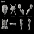 Gun Sniffing Deadpool Statue DSF23, Blender matte-clay angled front detail views; supplied source groups shown separately, with head repeated in labeled raised-arm pose details