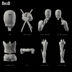 Gun Sniffing Deadpool Statue DSF23, Blender matte-clay angled rear detail views; supplied source groups shown separately, with head repeated in labeled raised-arm pose details