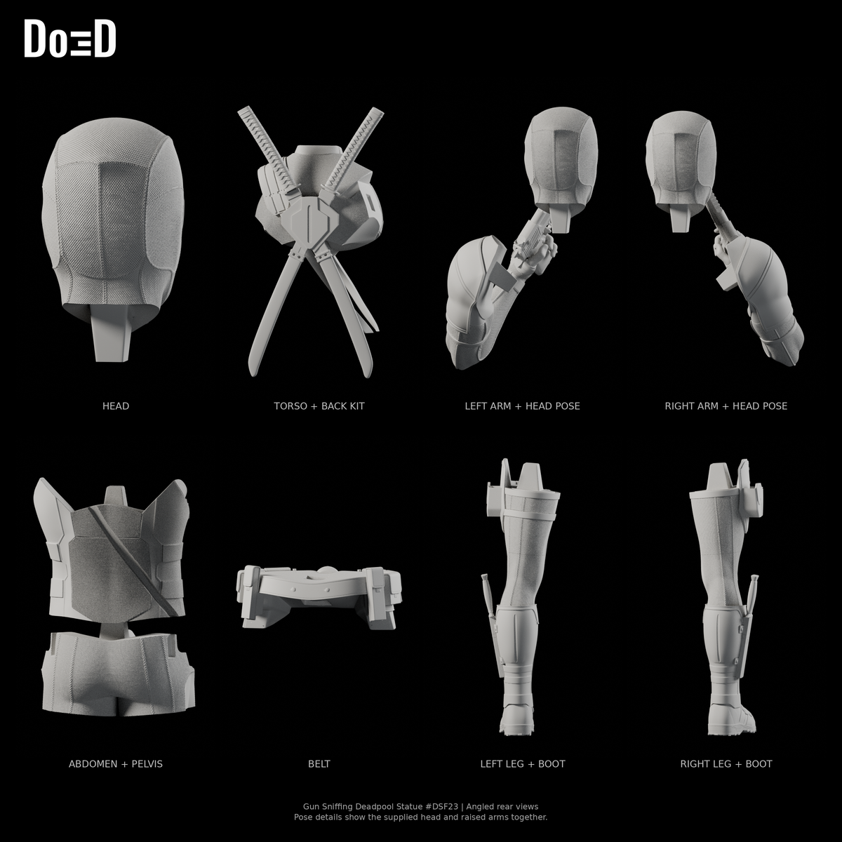 Gun Sniffing Deadpool Statue DSF23, Blender matte-clay angled rear detail views; supplied source groups shown separately, with head repeated in labeled raised-arm pose details