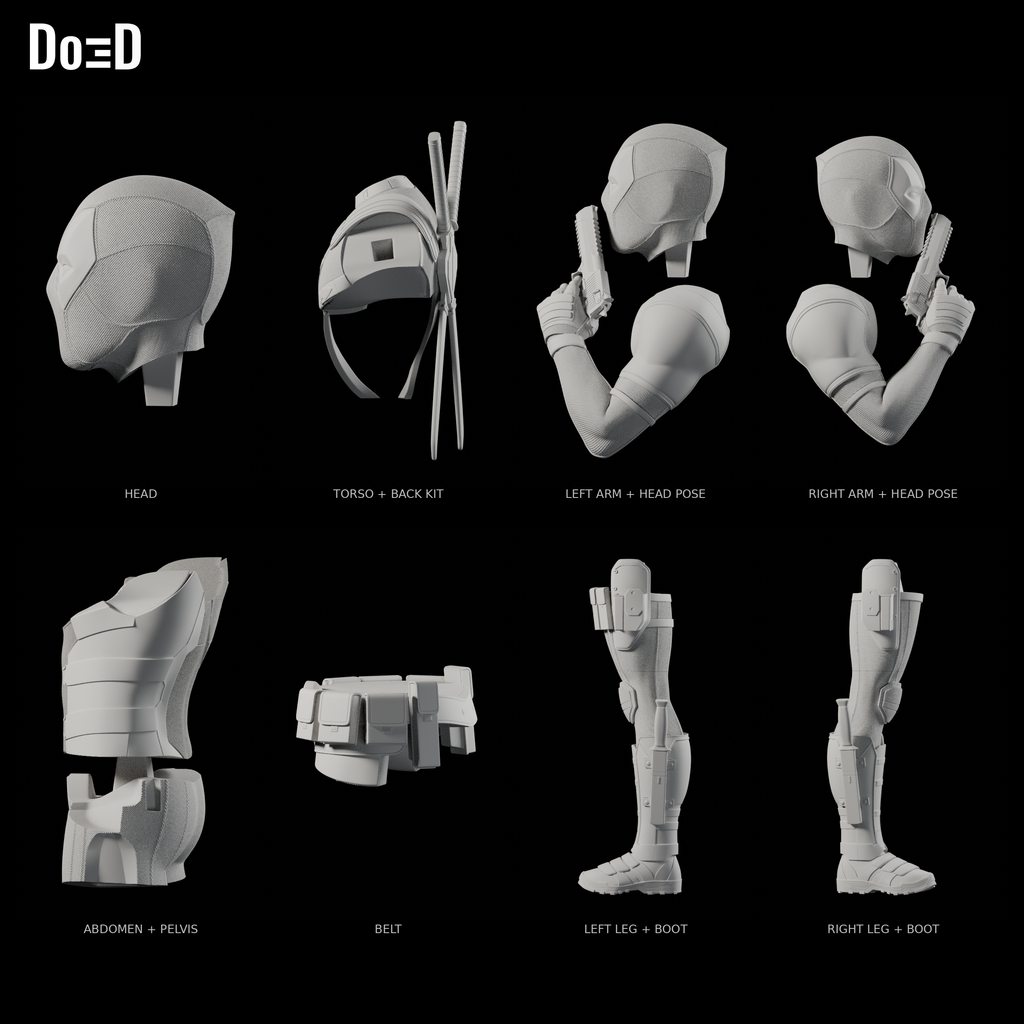 Gun Sniffing Deadpool Statue DSF23, Blender matte-clay side detail views; supplied source groups shown separately, with head repeated in labeled raised-arm pose details