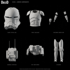 Echo Bad Batch armor, original supplied components and genuine glass visor in six separately framed source groups, Blender rendered front views