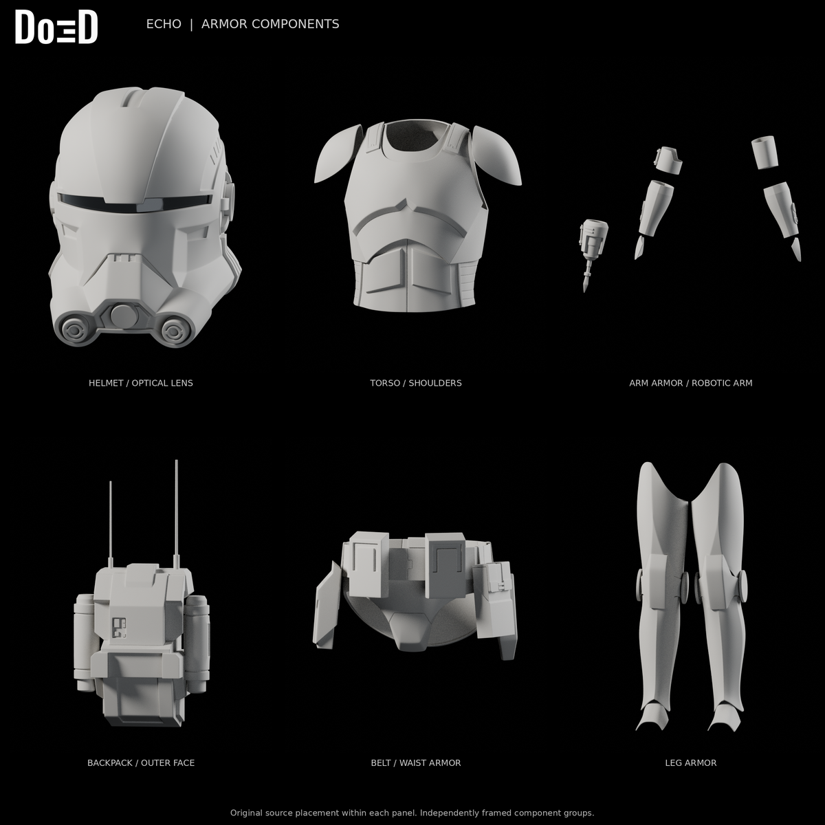 Echo Bad Batch armor, original supplied components and genuine glass visor in six separately framed source groups, Blender rendered front views