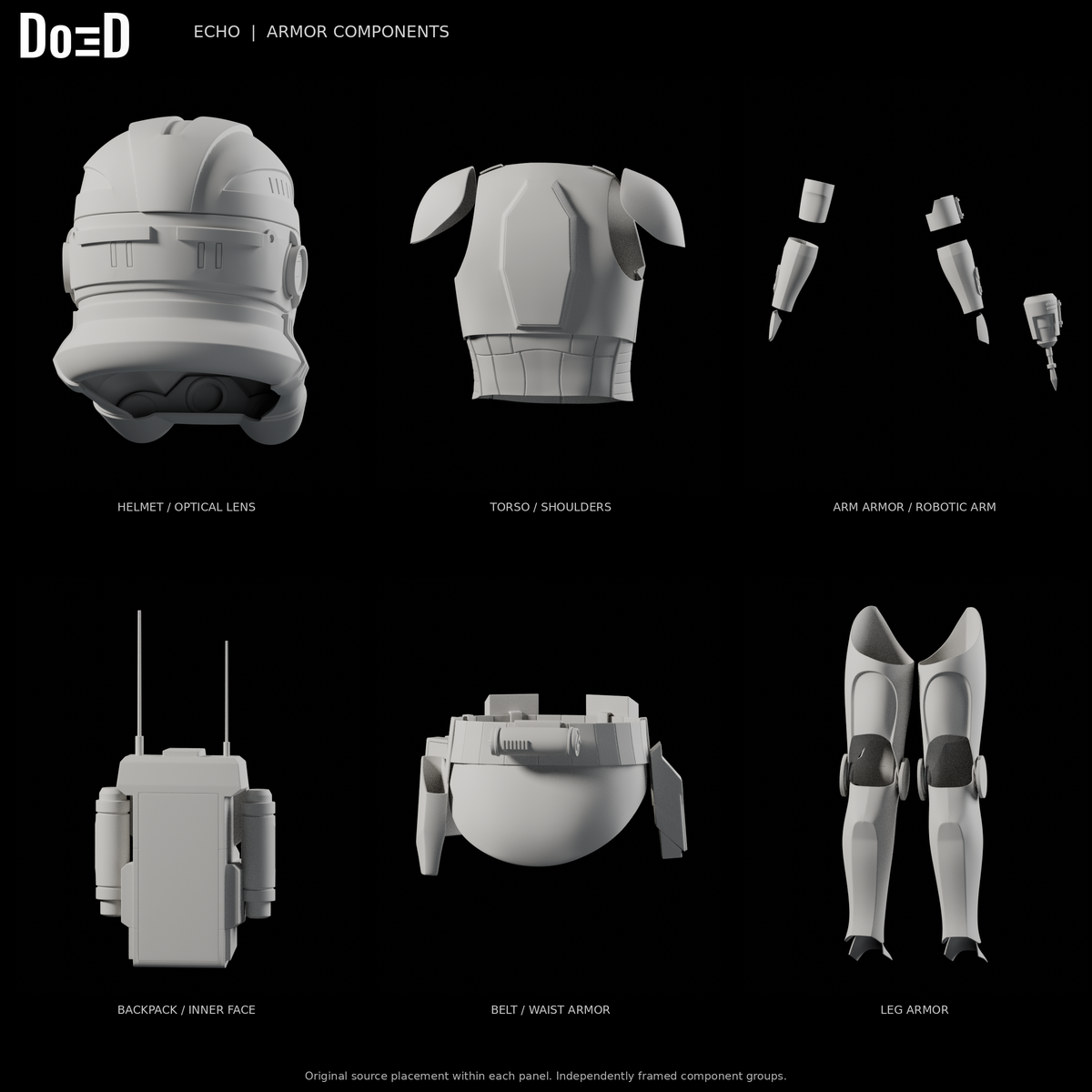 Echo Bad Batch armor, rear views of the same original components in six separately framed source groups, Blender rendered