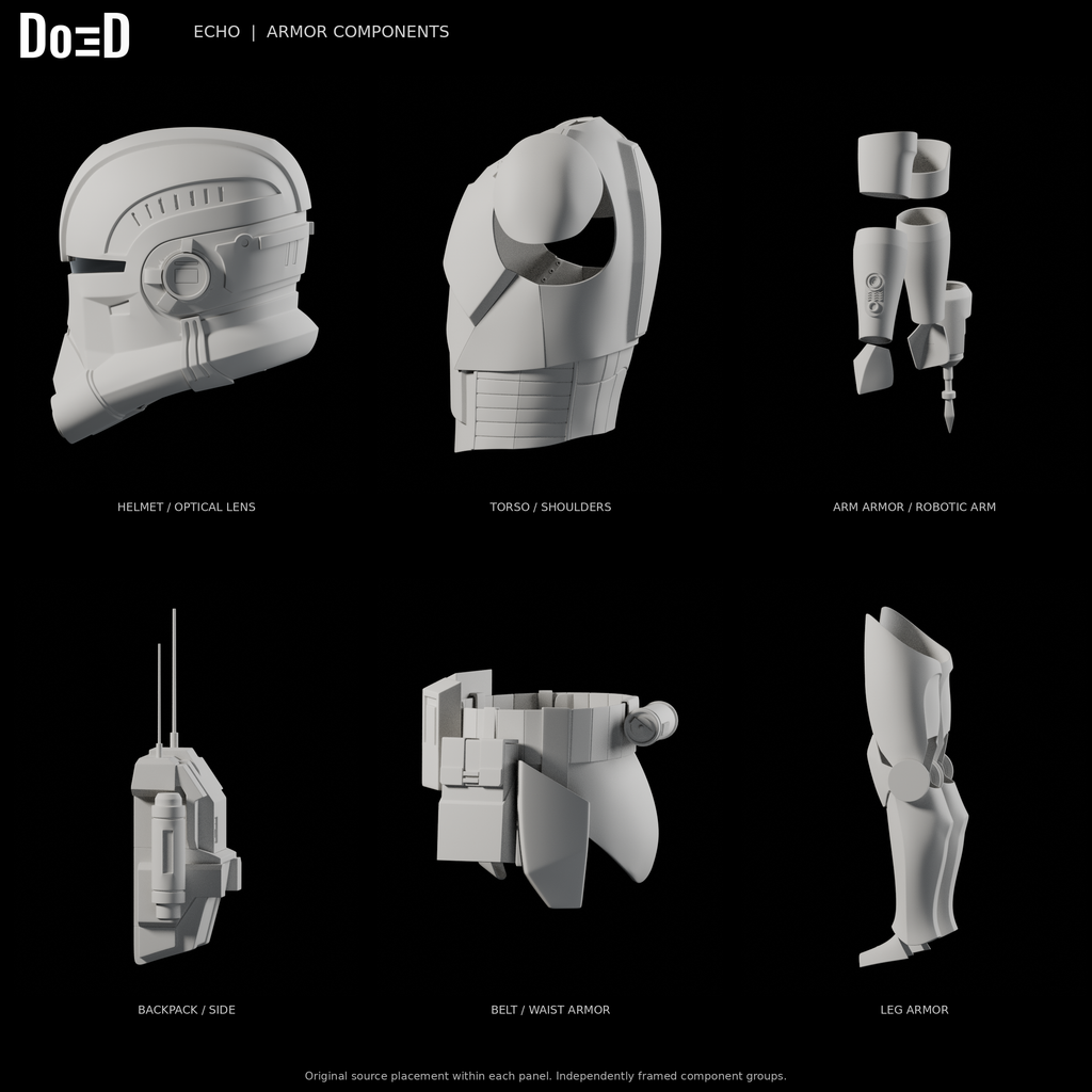 Echo Bad Batch armor, side views of the same original components in six separately framed source groups, Blender rendered