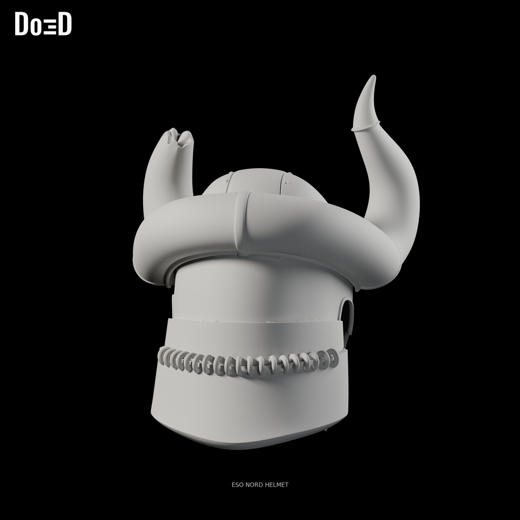 Do3D ESO Nord #1790 helmet, original source pose, rear view in Blender clay