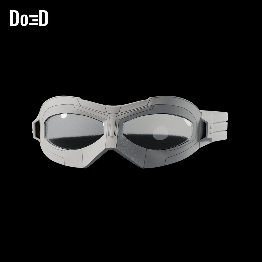 Falcon Goggles #FL441. Goggles: front / three-quarter. Source-faithful Blender clay render.