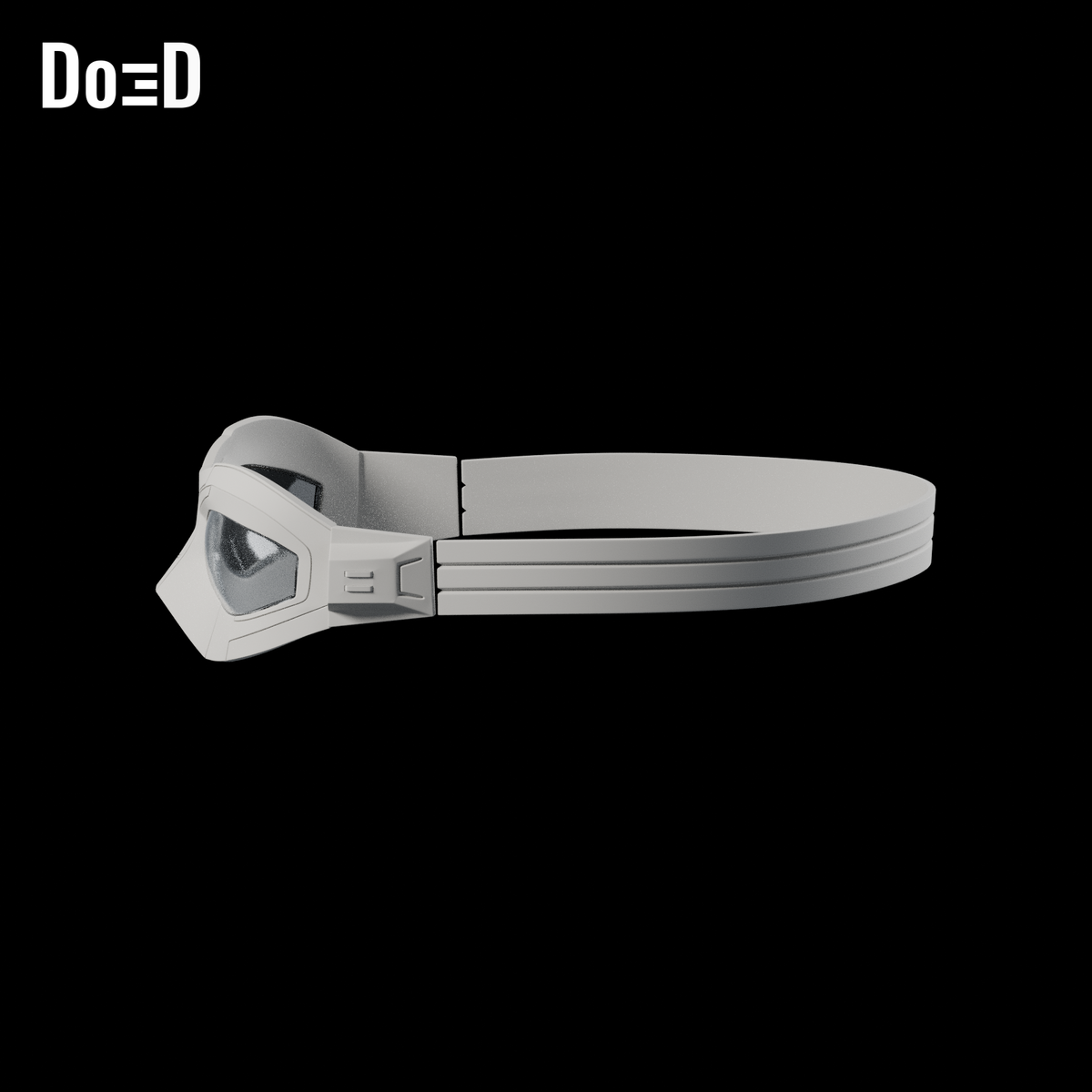 Falcon Goggles #FL441. Goggles: side / three-quarter. Source-faithful Blender clay render.