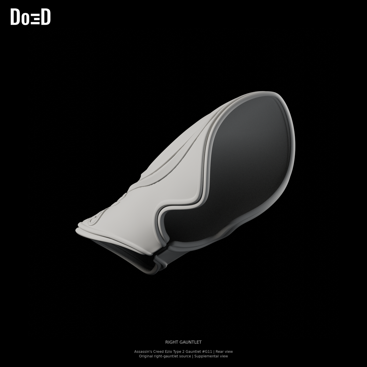 Assassin's Creed Ezio Type 2 Gauntlet G11, original right-gauntlet source, Blender matte-clay rear supplemental view