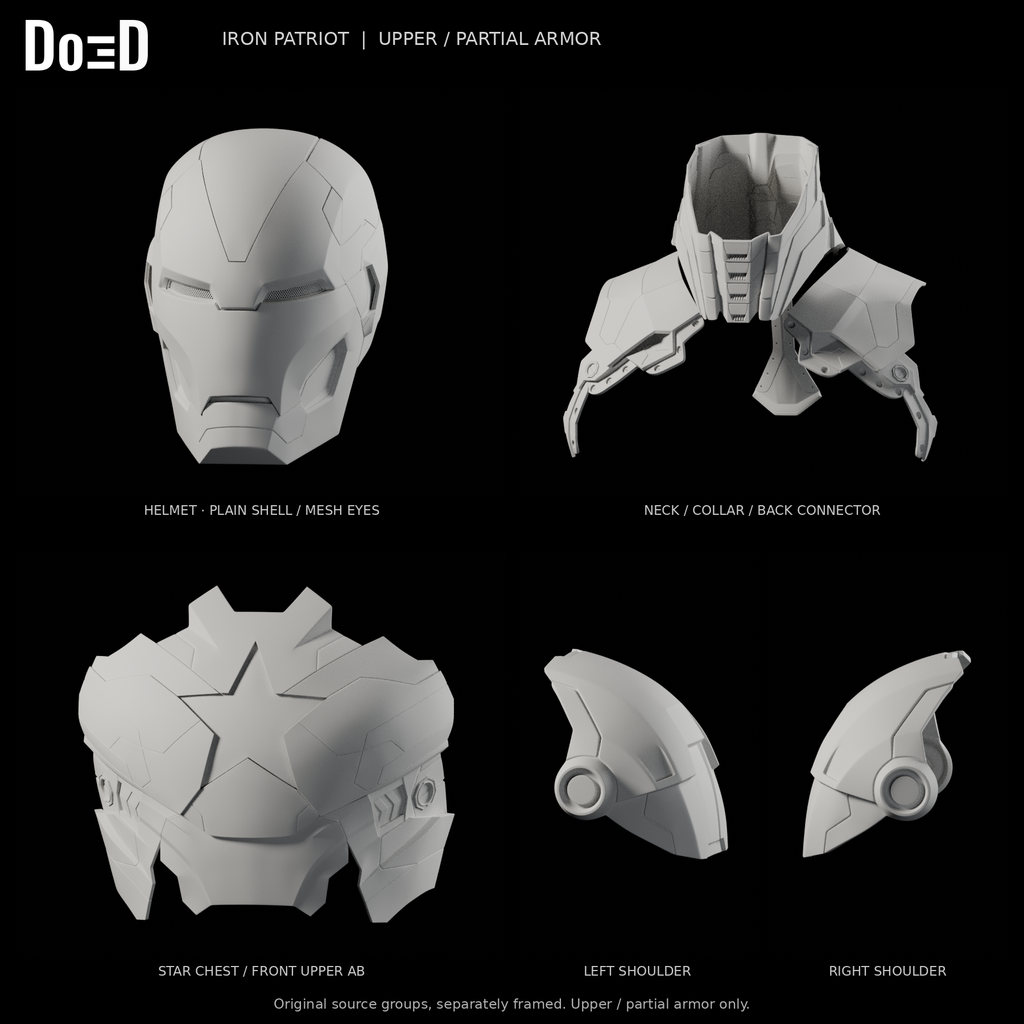 Iron Patriot upper partial armor only, original star chest, collar, shoulders and mesh-eye plain-shell helmet in labeled source groups