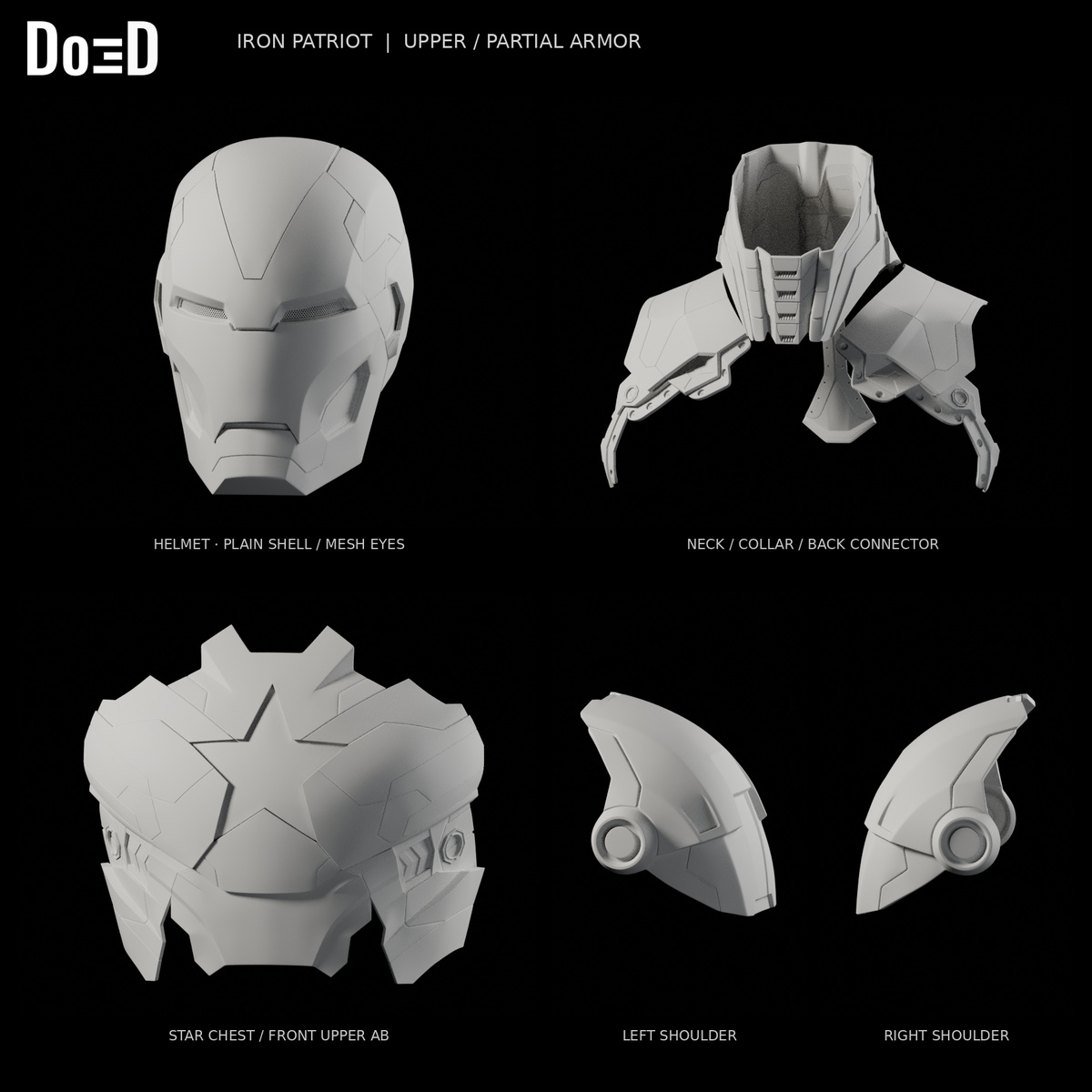 Iron Patriot upper partial armor only, original star chest, collar, shoulders and mesh-eye plain-shell helmet in labeled source groups