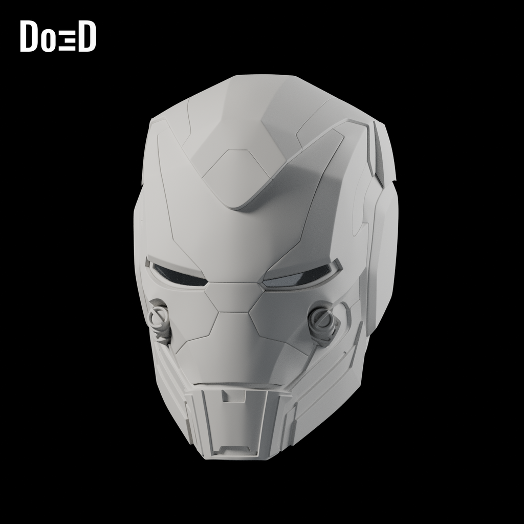 Iron Patriot Endgame Helmet #N36. Helmet: front / three-quarter. Source-faithful Blender clay render.