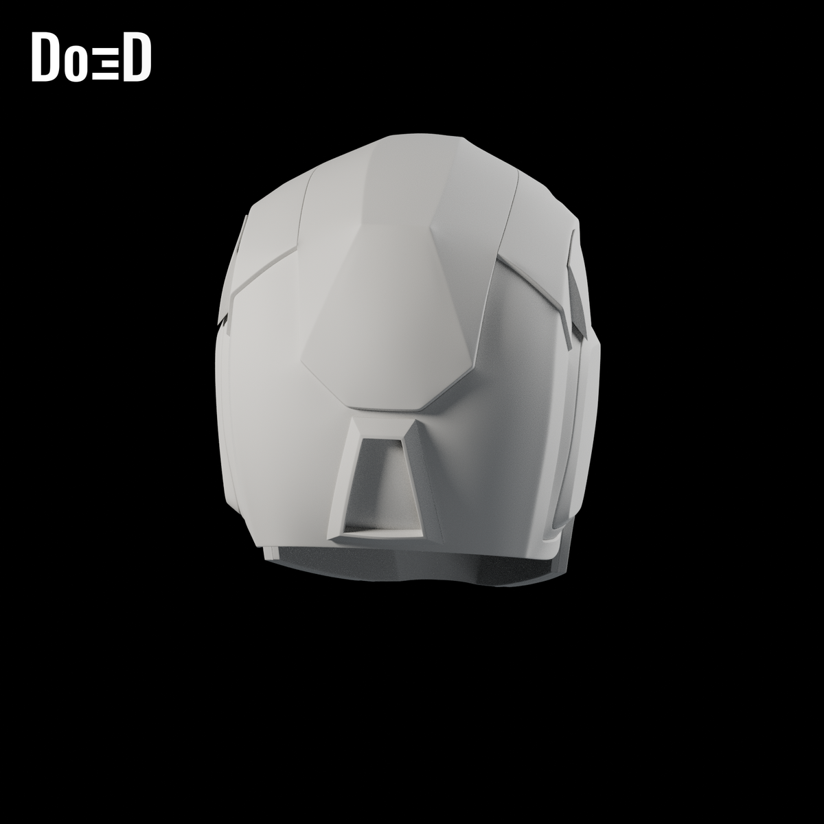 Iron Patriot Endgame Helmet #N36. Helmet: rear / three-quarter. Source-faithful Blender clay render.