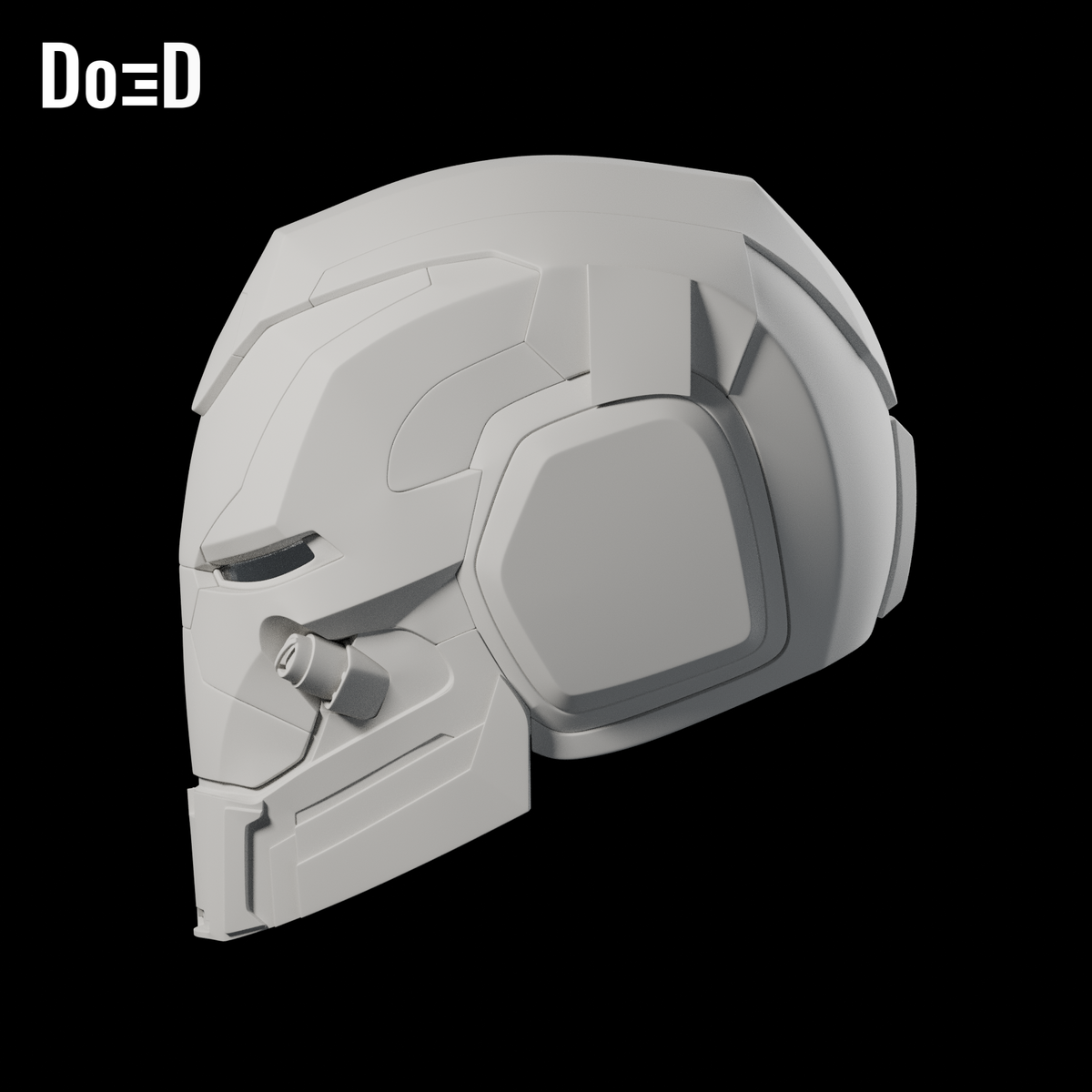 Iron Patriot Endgame Helmet #N36. Helmet: right side / three-quarter. Source-faithful Blender clay render.