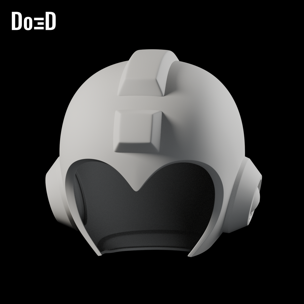 Do3D Mega Man Classic Original Helmet | 3D Model Project #5376; Original openable Front/Back/fin assembly, front three-quarter (-Y); original model, Blender render