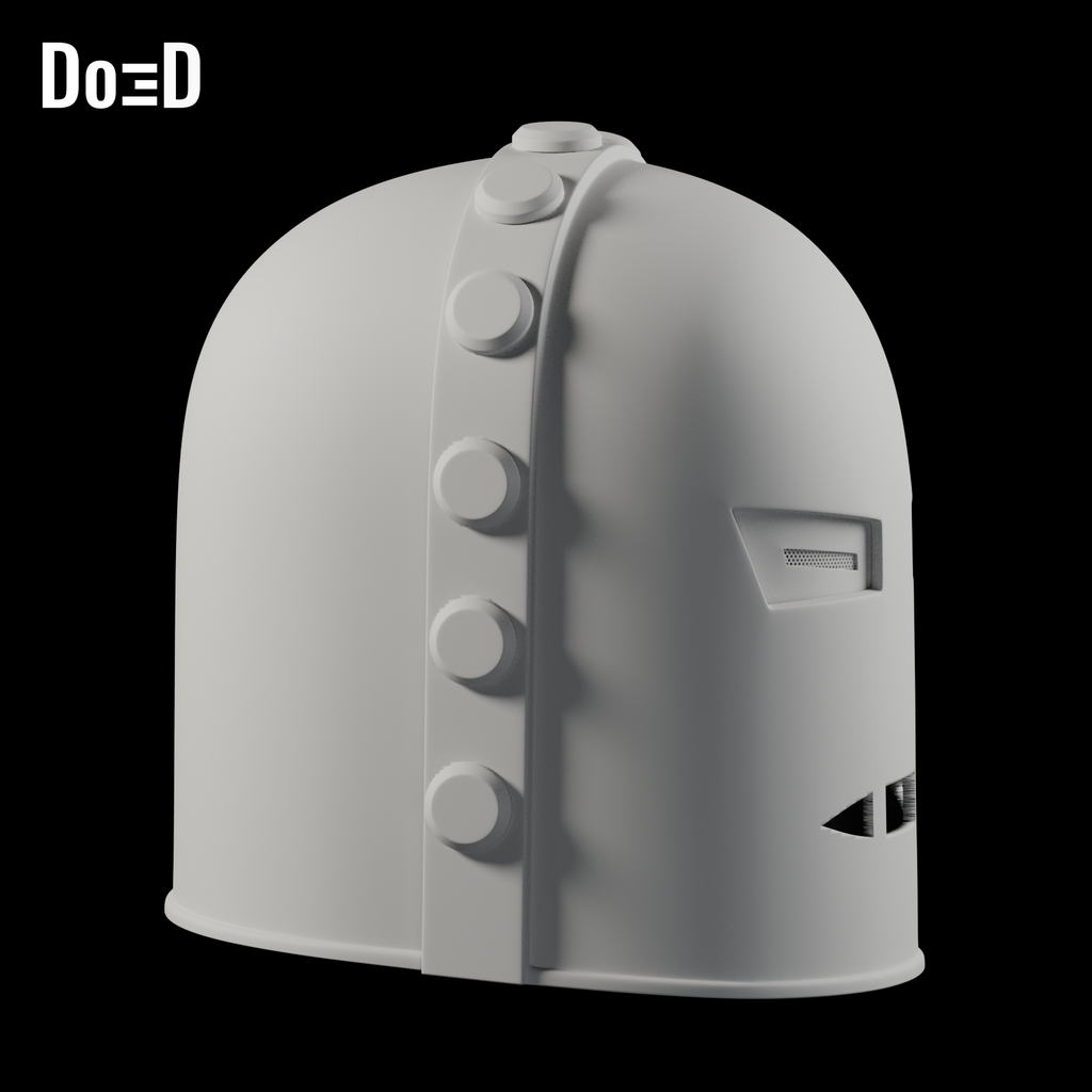 Do3D Rivals Iron Man Mark 1 helmet, side view of the same mesh-eye configuration