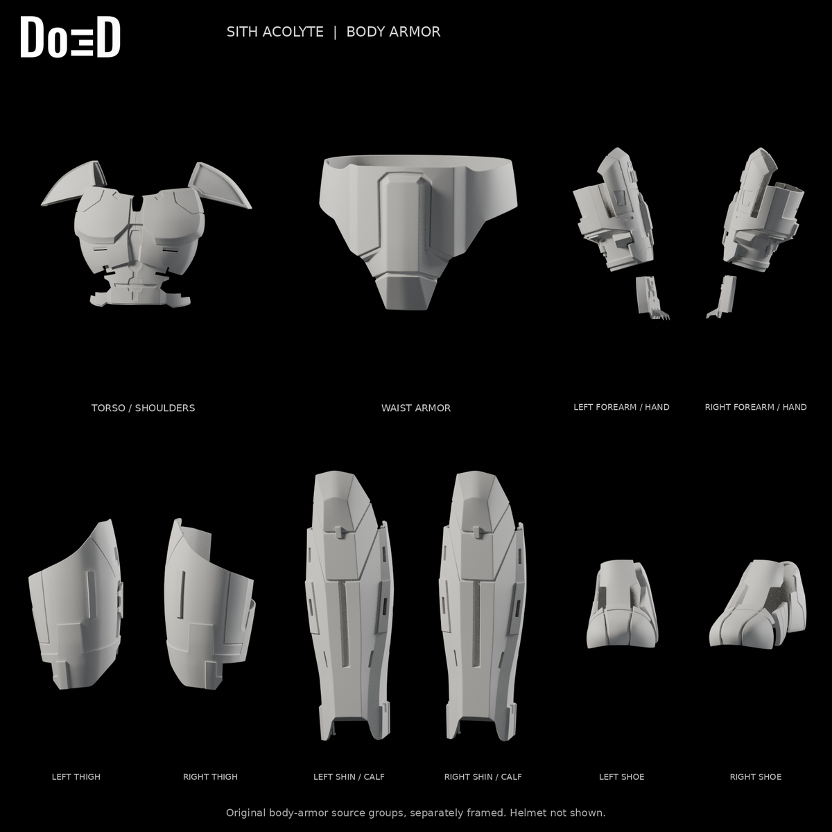 Sith Acolyte body armor, original supplied groups with helmet not shown, Blender rendered front views